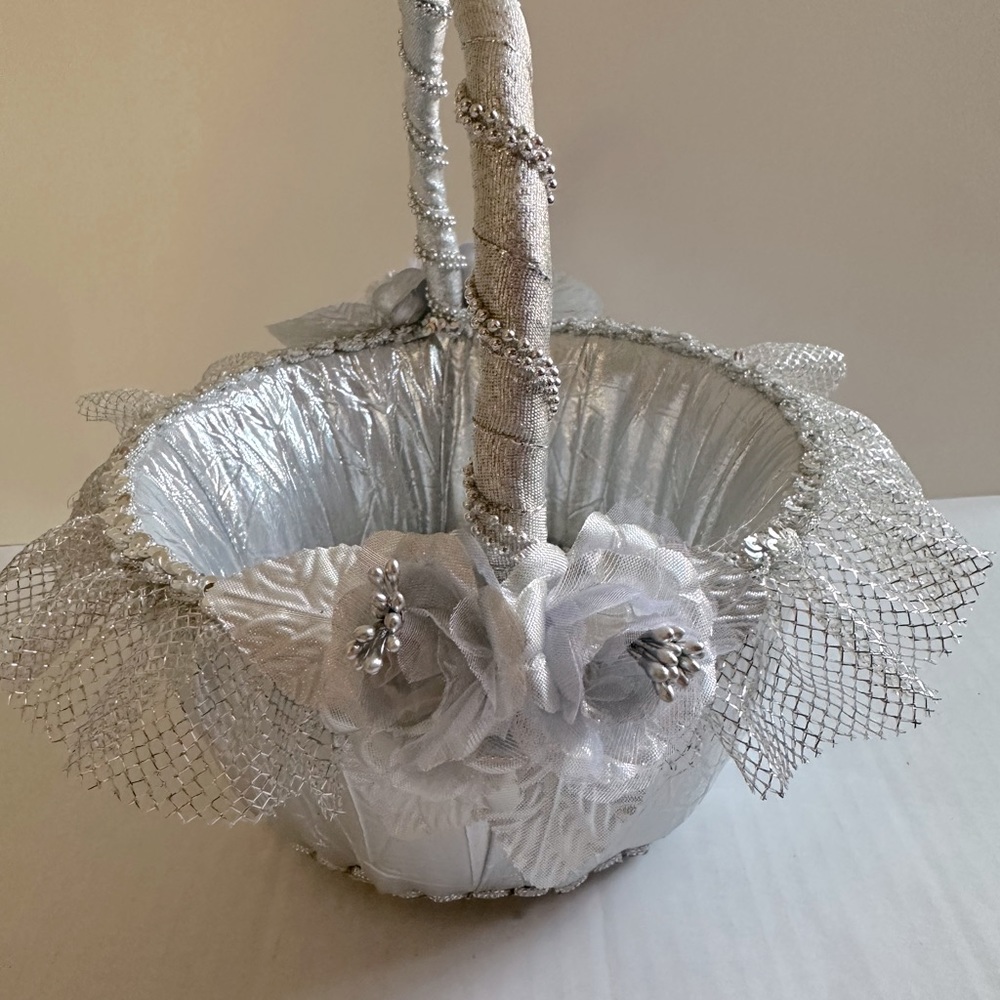 New silver flower girl basket wedding handmad